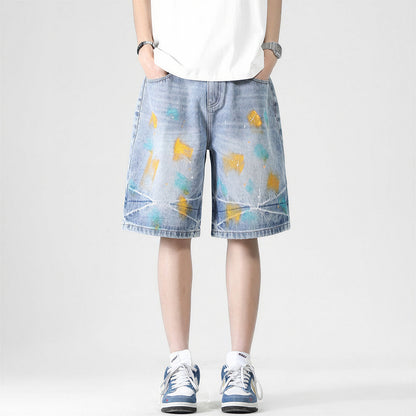 Men's Summer Colorful Splash Ink Washed Baggy Denim Shorts