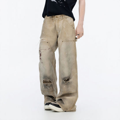 Men's Spring Mud Washed Ripped Carpenter Denim Jeans