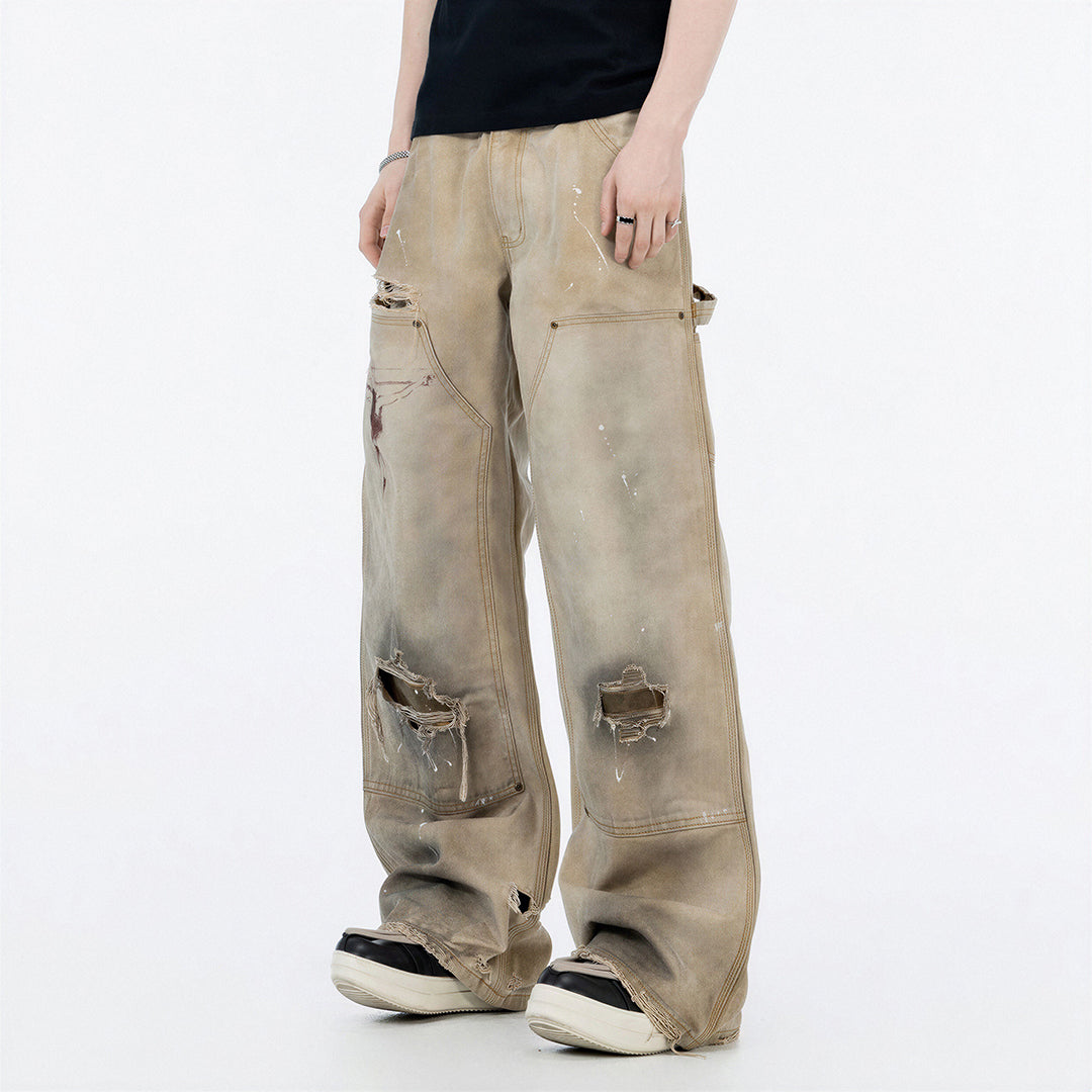 Men's Spring Mud Washed Ripped Carpenter Denim Jeans