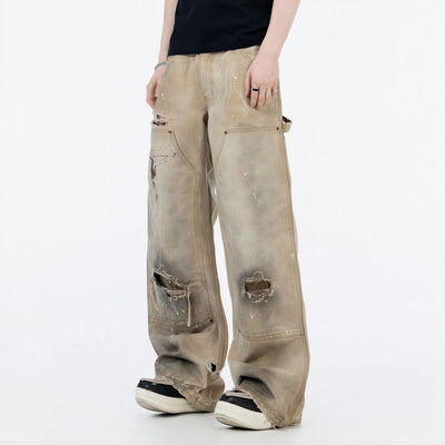 Men's Spring Mud Washed Ripped Carpenter Denim Jeans