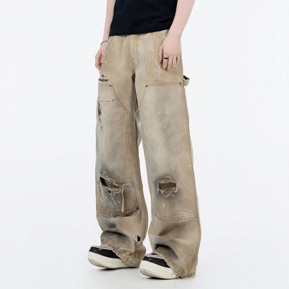 Men's Spring Mud Washed Ripped Carpenter Denim Jeans