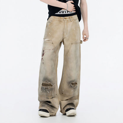 Men's Spring Mud Washed Ripped Carpenter Denim Jeans