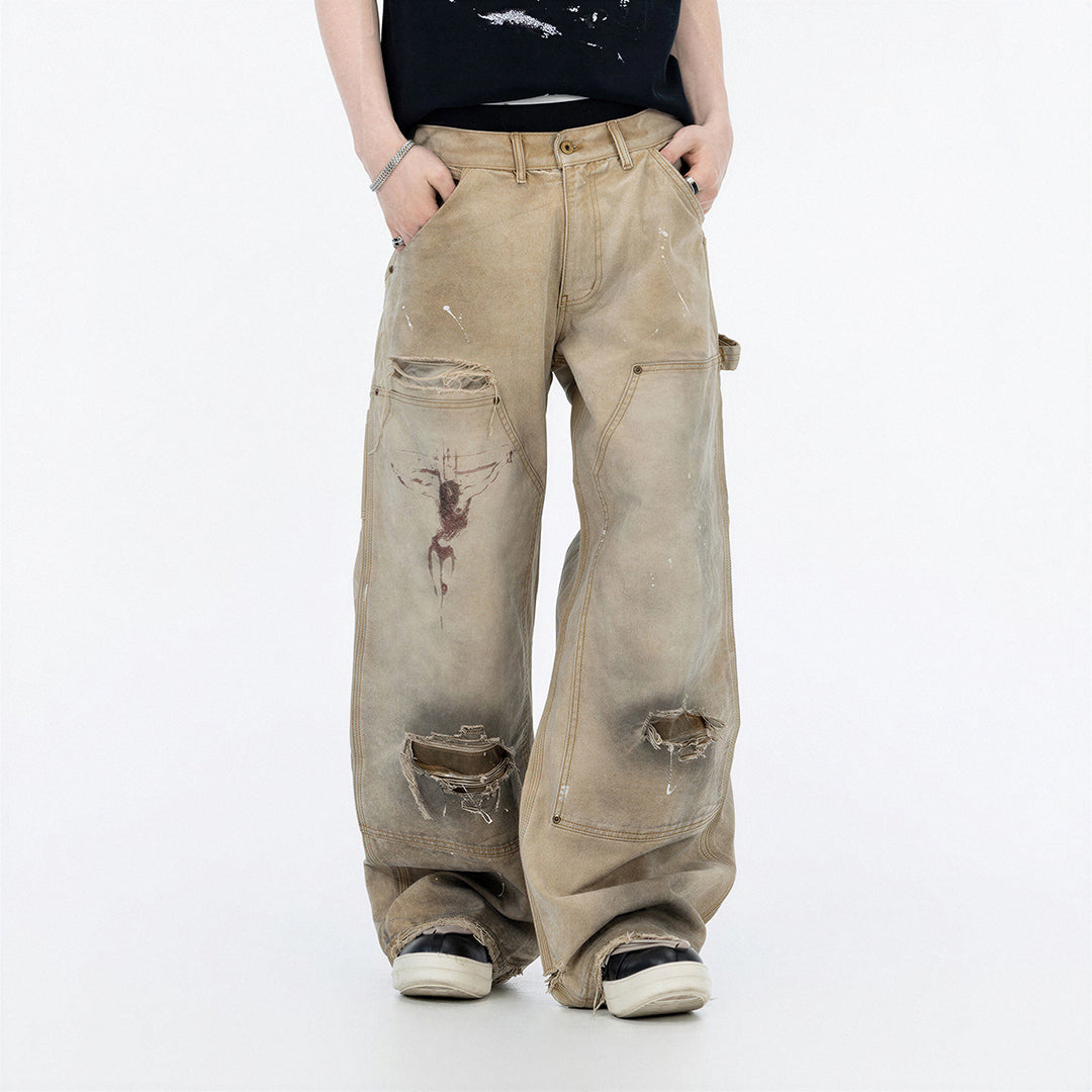 Men's Spring Mud Washed Ripped Carpenter Denim Jeans