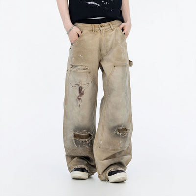 Men's Spring Mud Washed Ripped Carpenter Denim Jeans