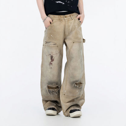 Men's Spring Mud Washed Ripped Carpenter Denim Jeans