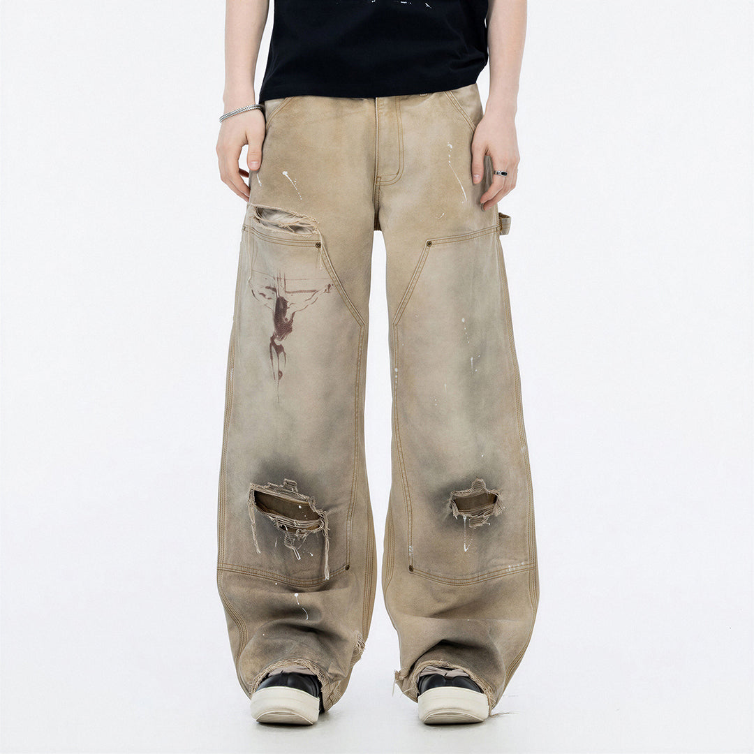 Men's Spring Mud Washed Ripped Carpenter Denim Jeans
