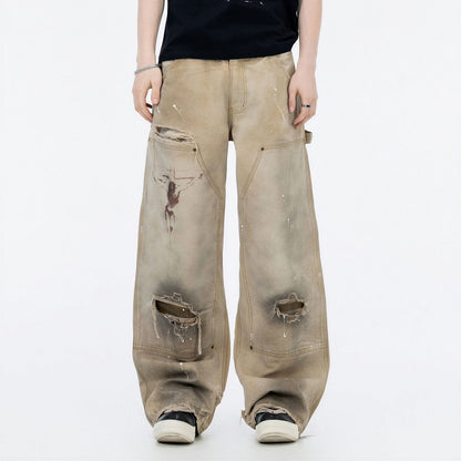 Men's Spring Mud Washed Ripped Carpenter Denim Jeans