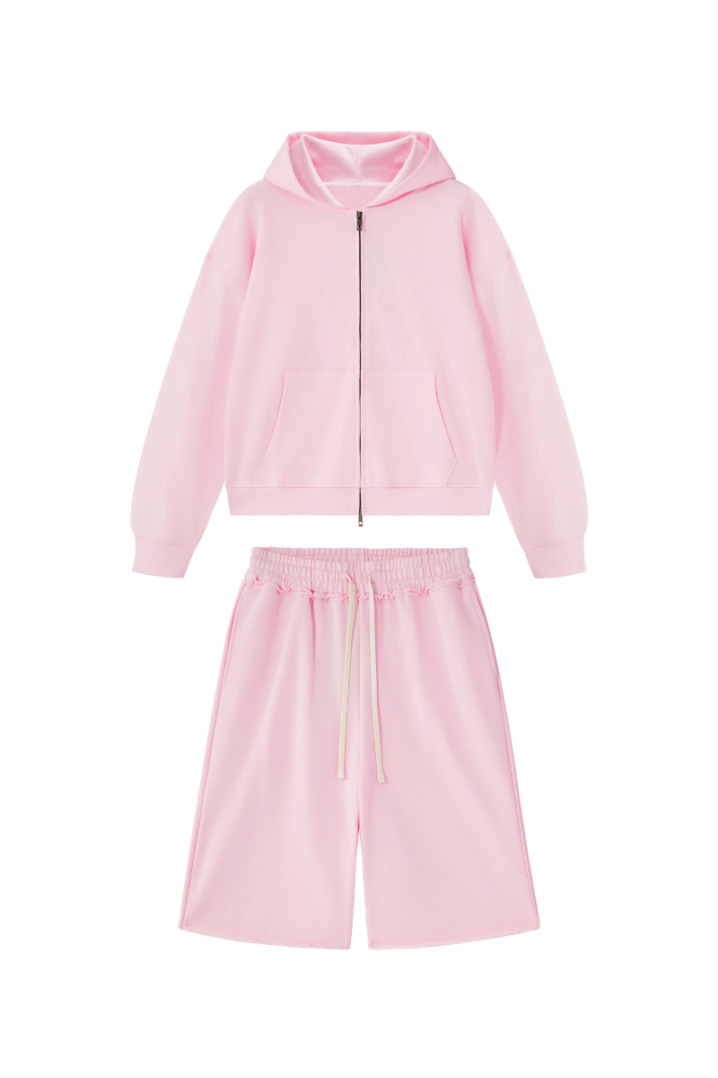 Women's Loose American Casual Zip Hoodie  Mid Shorts Set
