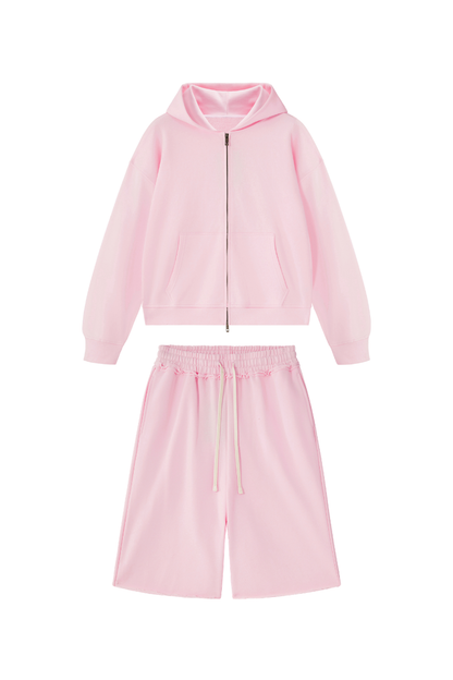 Women's Loose American Casual Zip Hoodie  Mid Shorts Set