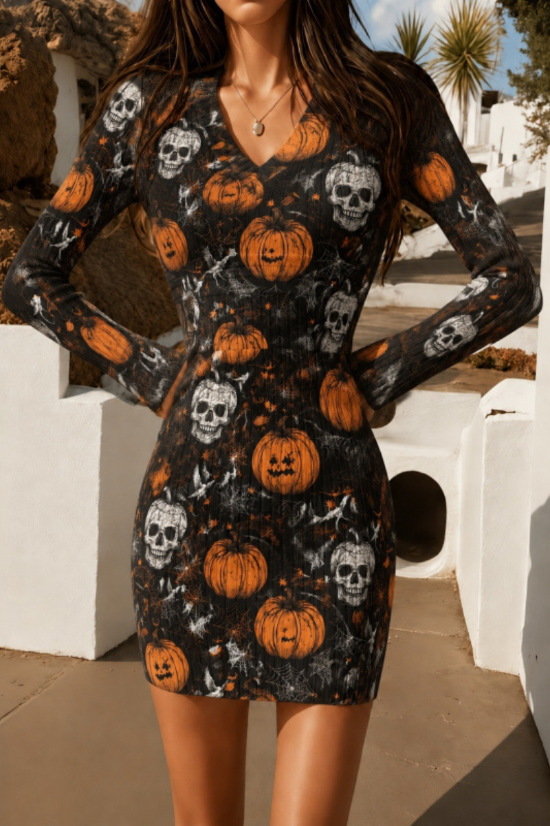 Women Fall Halloween Pumpkin Ribbed Bodycon Mini Dress