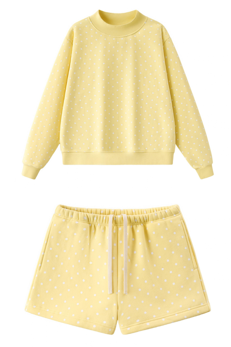 Women All Season Cozy Polka Dot Relaxed 2-Piece Shorts Set
