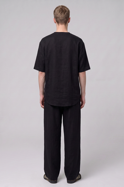 Men's Summer Linen-Blend Crewneck Tee Wide-Leg Pants Set