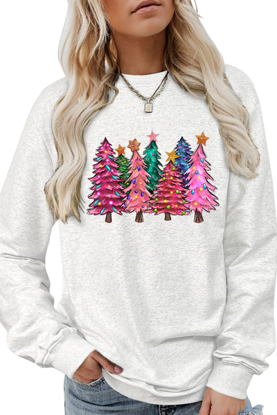 Women's Fall Christmas Tree Graphic Print Crew Sweatshirt
