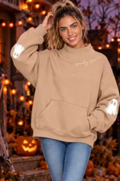 Women Fall Clothing Halloween Ghost Mock Neck Sweatshirt