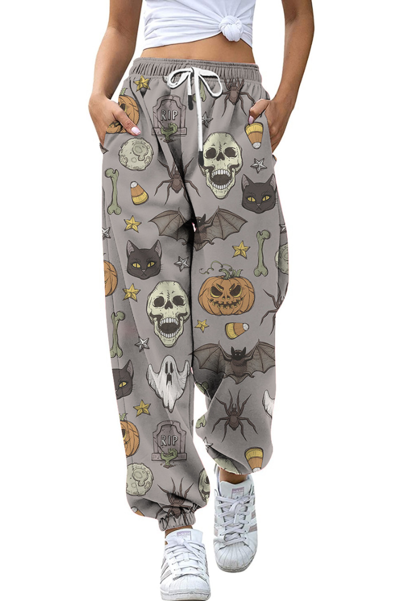 Women Fall Halloween Pumpkin Cat Print Jogger Pants