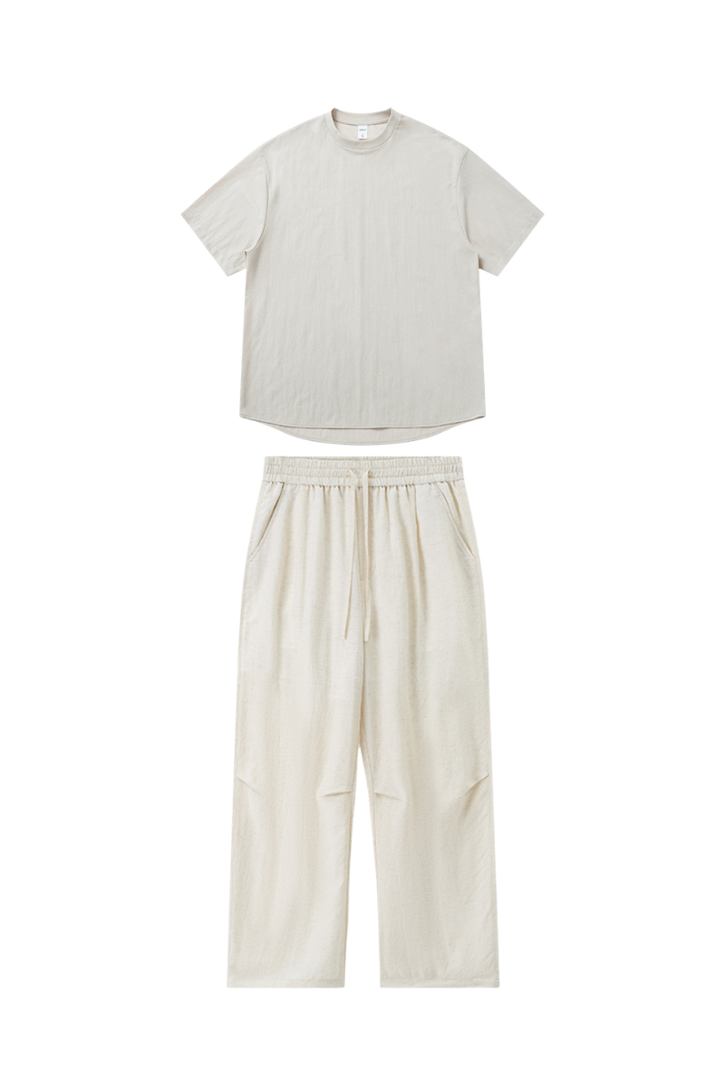 Unisex Summer Linen-Blend Crewneck Tee Wide-Leg Pants Set