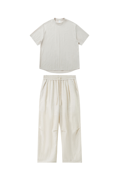 Unisex Summer Linen-Blend Crewneck Tee Wide-Leg Pants Set