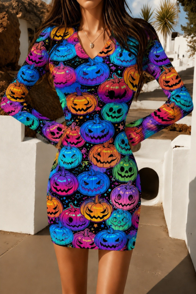 Women Fall Halloween Pumpkin Ribbed Bodycon Mini Dress