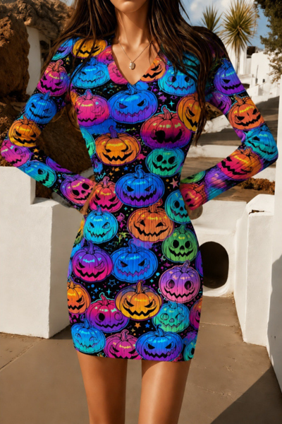 Women Fall Clothing Halloween Pumpkin Ribbed Bodycon Dress