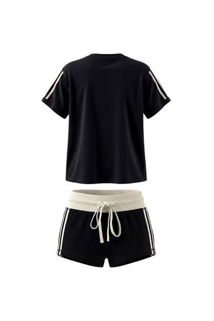 Unisex Summer Side Stripe Cropped T Shirt Shorts Set