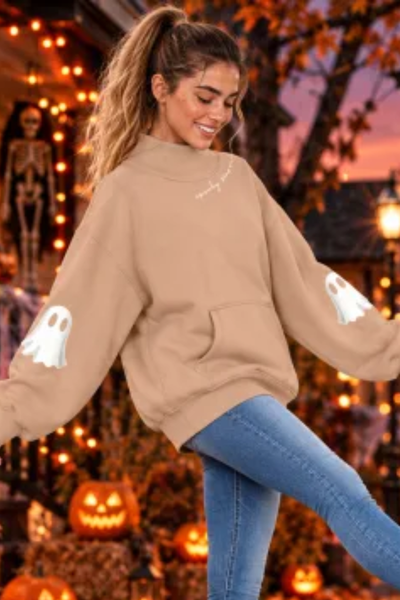 Women Fall Clothing Halloween Ghost Mock Neck Sweatshirt