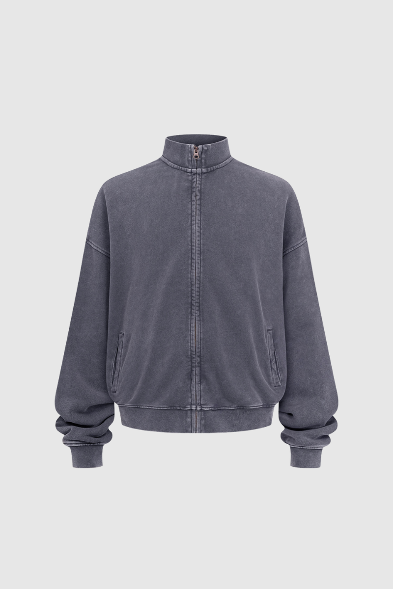 Women's Cotton Streetwear Wax-Dyed Washed Stand Collar Distressed Jacket