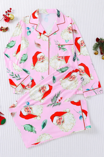 Women's Christmas Pink Striped Open Collar Pajama Set