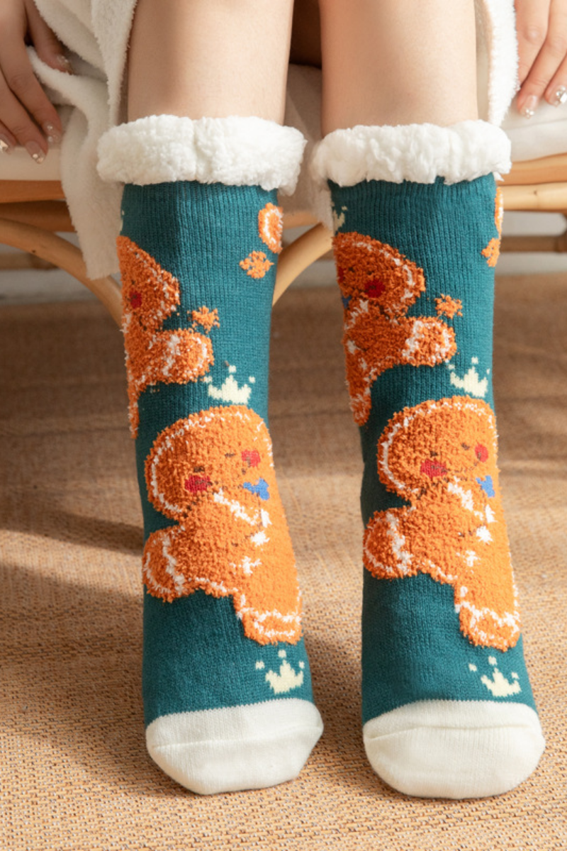 Women Winter Christmas Fleece Cuff Non Slip Slipper Socks