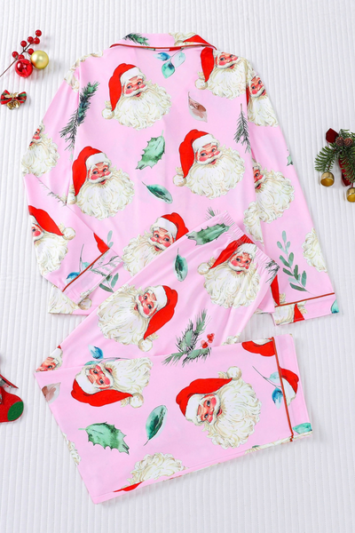 Women's Christmas Pink Striped Open Collar Pajama Set