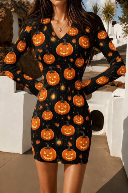 Women Fall Halloween Pumpkin Ribbed Bodycon Mini Dress