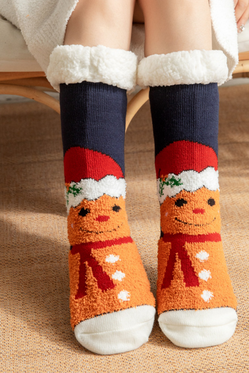 Women Winter Christmas Fleece Cuff Non Slip Slipper Socks