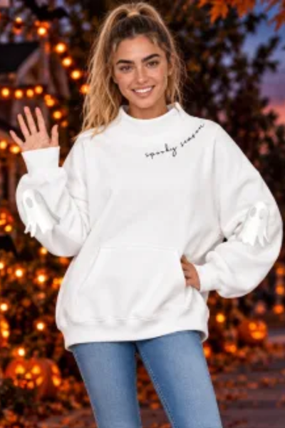Women Fall Clothing Halloween Ghost Mock Neck Sweatshirt