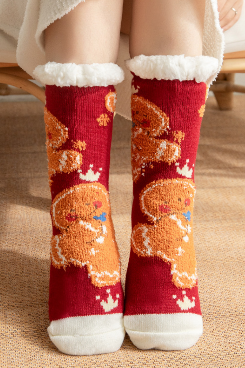 Women Winter Christmas Fleece Cuff Non Slip Slipper Socks