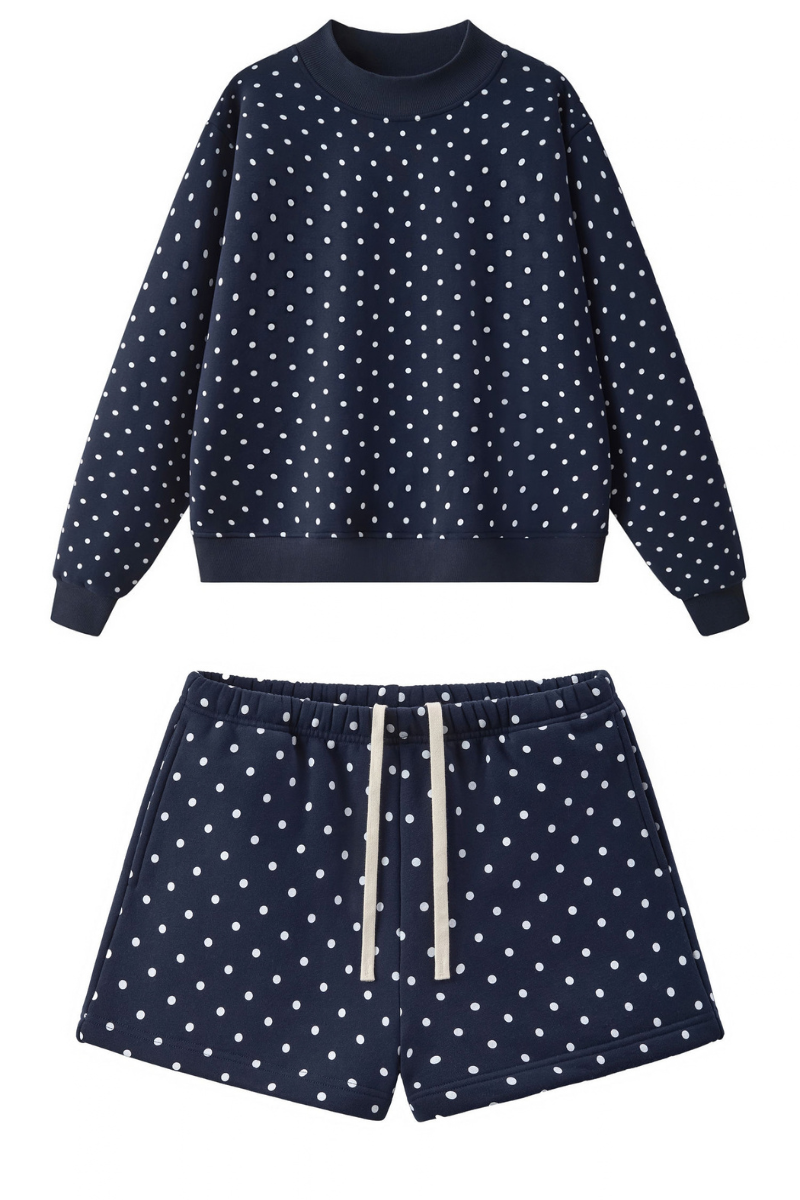 Women All Season Cozy Polka Dot Relaxed 2-Piece Shorts Set
