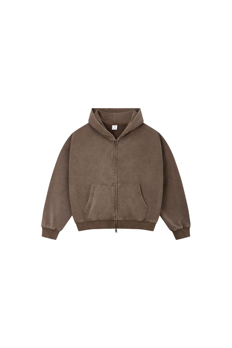 Men Fall Clothing Snow Wash Brushed Fleece Zip Hoodie