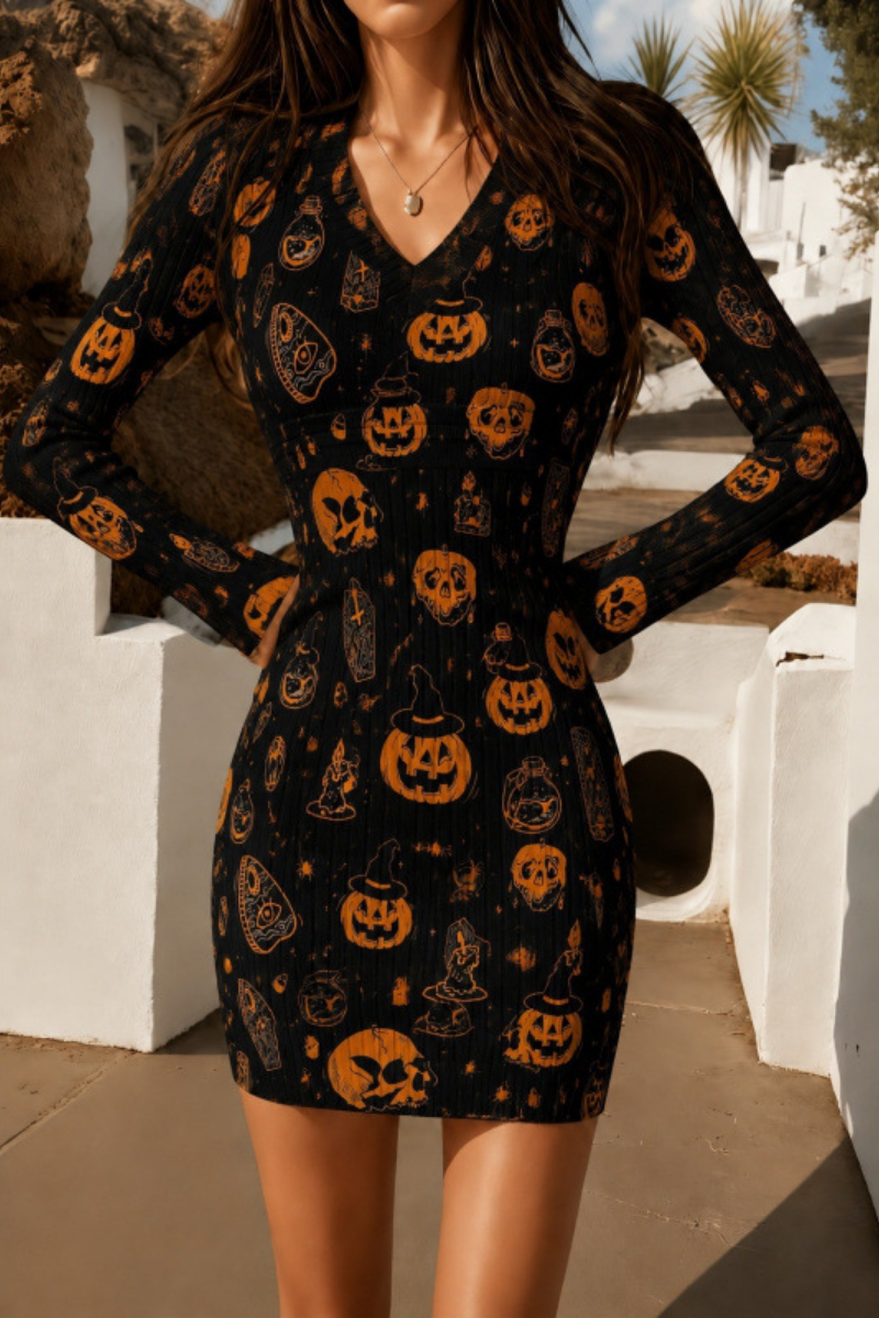 Women Fall Halloween Pumpkin Ribbed Bodycon Mini Dress