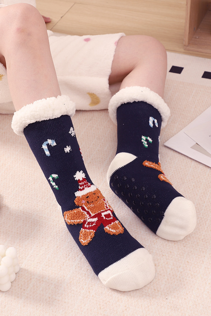 Women Winter Christmas Fleece Cuff Non Slip Slipper Socks