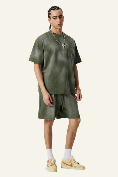 Men's Washed Gradient Colored Cotton Set:T-shirt And shorts