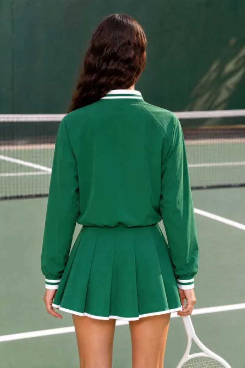 Women Spring Half Zip Cropped Tennis Skirt Activewear Set