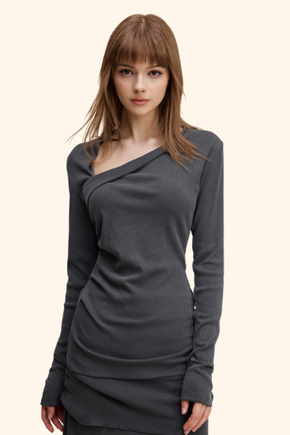 Women's 275G Washed Tee - Draped Ruched Slim Asymmetric Top
