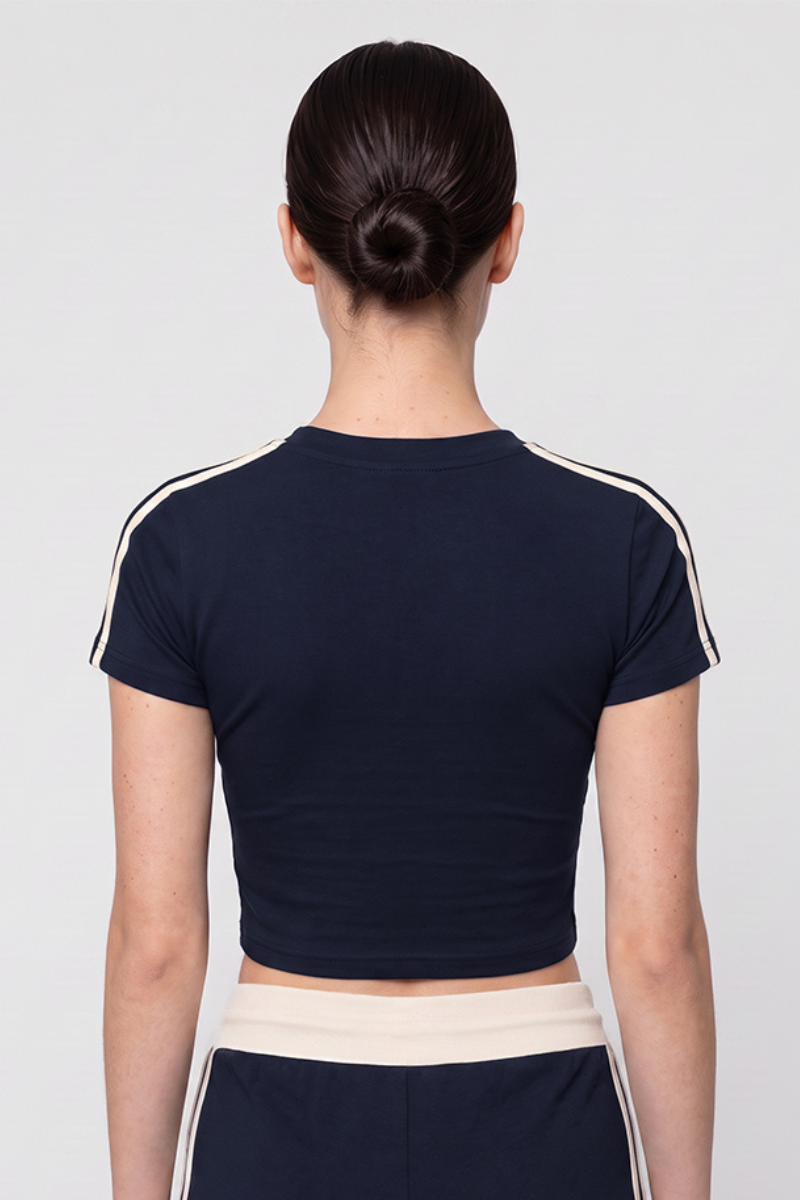 Women Summer Side Stripe Cropped Short Sleeve T Shirt