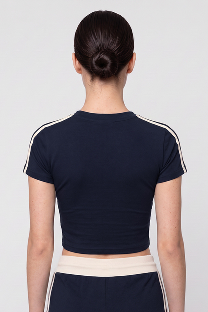 Women Summer Side Stripe Cropped Short Sleeve T Shirt
