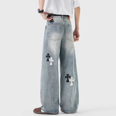 Men's Spring Light Blue Ripped Cross Patch Denim Jeans