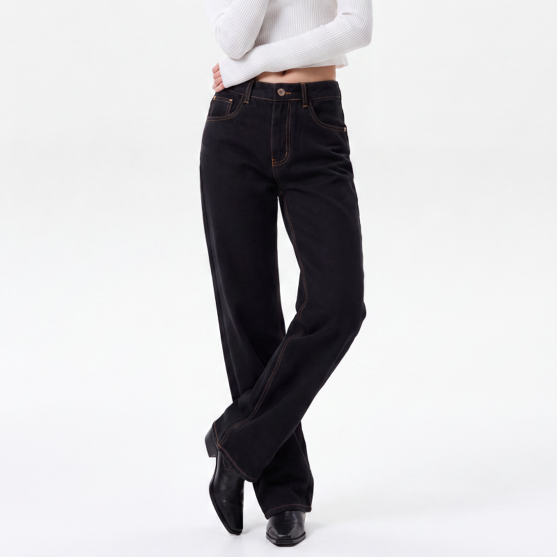 Women's High Waist Black Wash Straight Leg Jeans