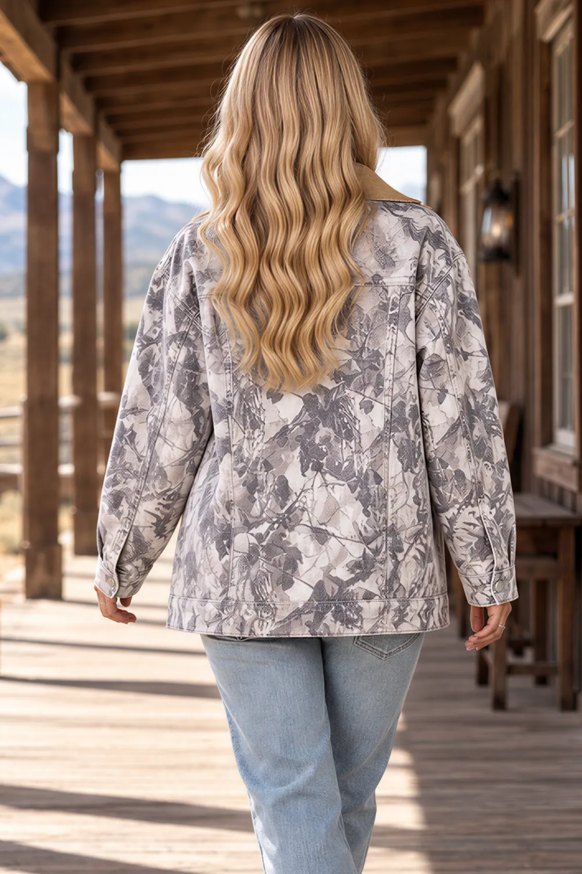Women's Fall Camo Print Lapel Long Sleeve Denim Jacket