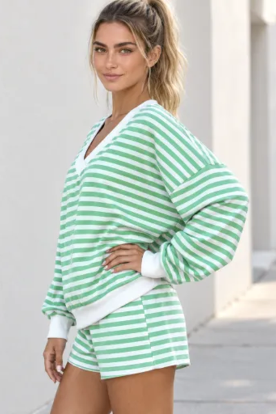 Women Spring Striped V Neck Lounge Top and Shorts Set