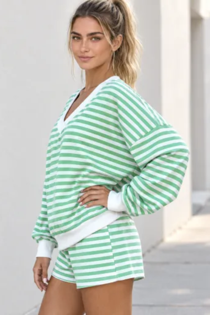 Women Spring Striped V Neck Lounge Top and Shorts Set