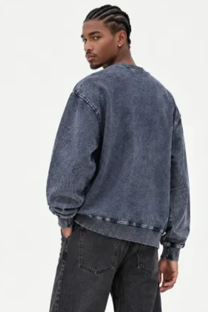 Men Fall Clothing Heavy Knit Denim Washed Sweatshirt
