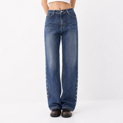 Women's High Waist Side Studded Wide Leg Jeans