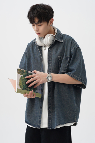 Men's Spring Summer Washed Denim Short Sleeve Japanese Loose